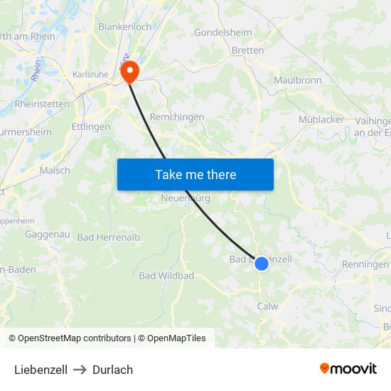Liebenzell to Durlach map