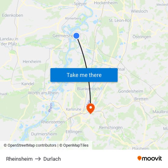 Rheinsheim to Durlach map