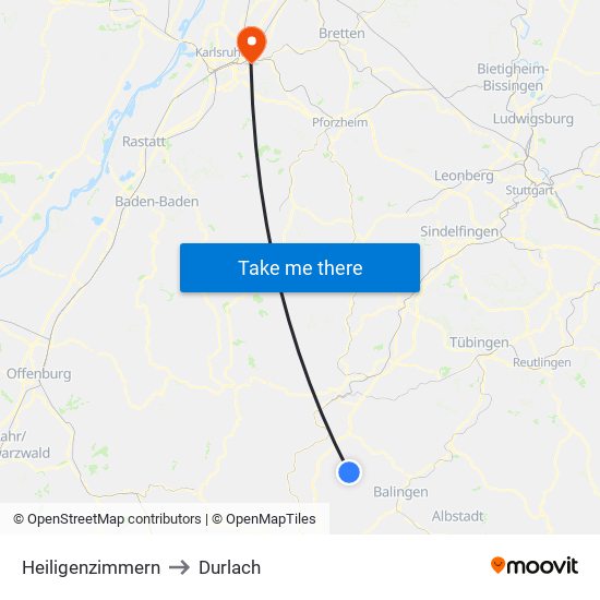 Heiligenzimmern to Durlach map