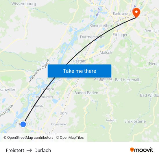 Freistett to Durlach map