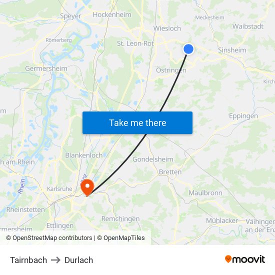 Tairnbach to Durlach map