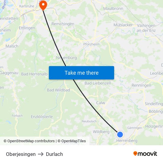 Oberjesingen to Durlach map