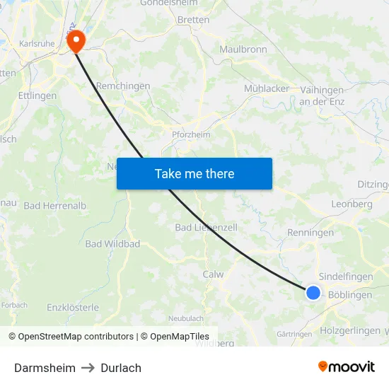Darmsheim to Durlach map