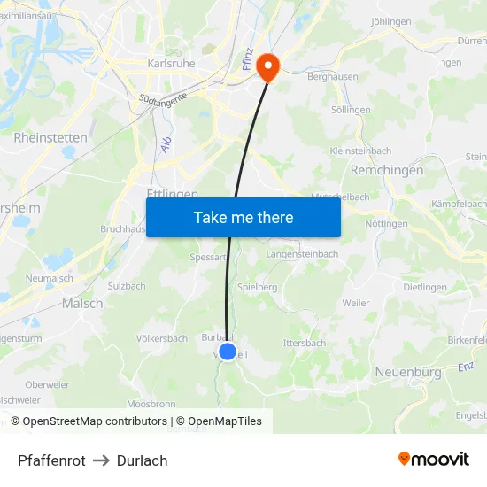 Pfaffenrot to Durlach map