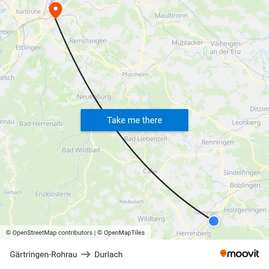 Gärtringen-Rohrau to Durlach map