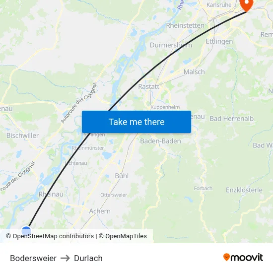 Bodersweier to Durlach map