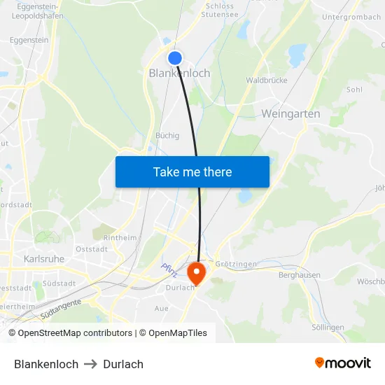 Blankenloch to Durlach map