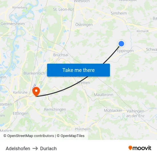 Adelshofen to Durlach map