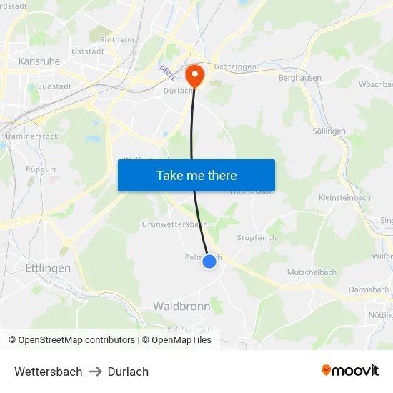 Wettersbach to Durlach map