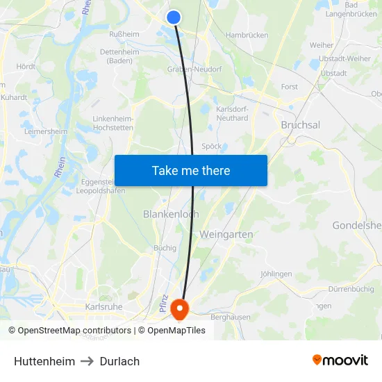 Huttenheim to Durlach map