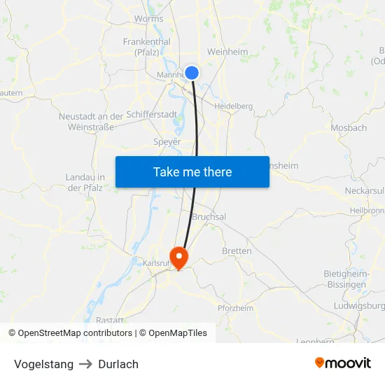 Vogelstang to Durlach map