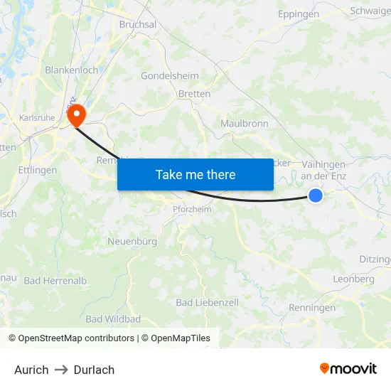 Aurich to Durlach map