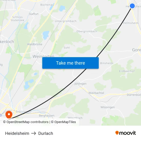Heidelsheim to Durlach map