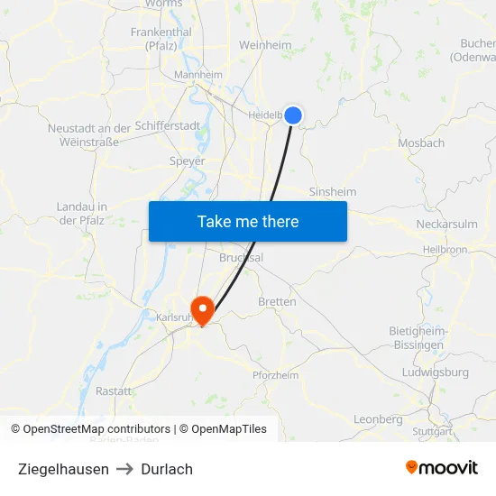 Ziegelhausen to Durlach map