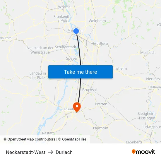 Neckarstadt-West to Durlach map