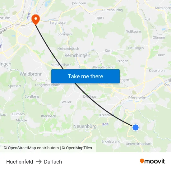 Huchenfeld to Durlach map