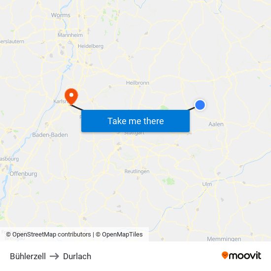 Bühlerzell to Durlach map