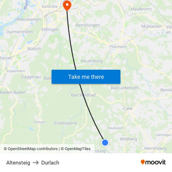 Altensteig to Durlach map