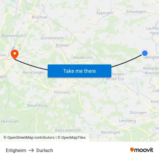Erligheim to Durlach map