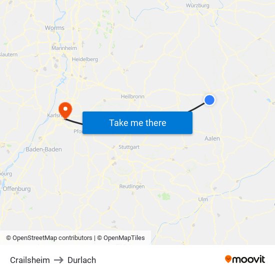 Crailsheim to Durlach map