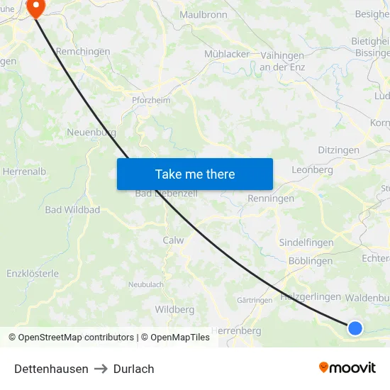 Dettenhausen to Durlach map