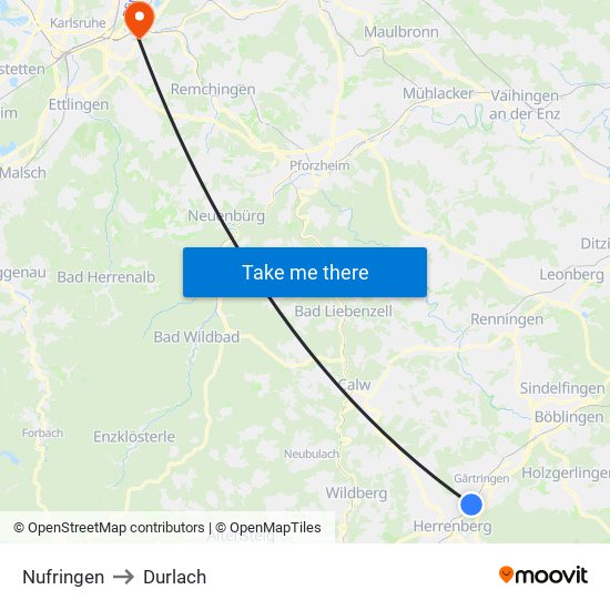 Nufringen to Durlach map