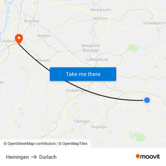 Heiningen to Durlach map