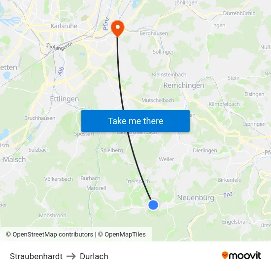 Straubenhardt to Durlach map