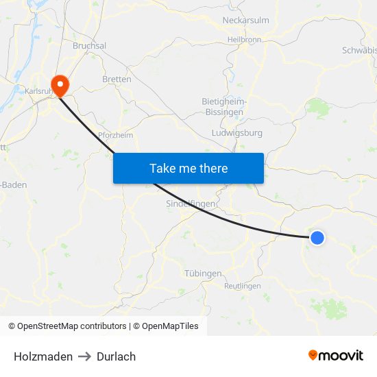 Holzmaden to Durlach map