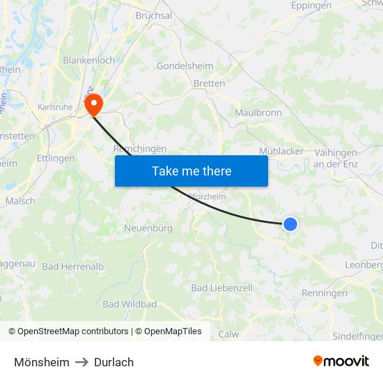 Mönsheim to Durlach map