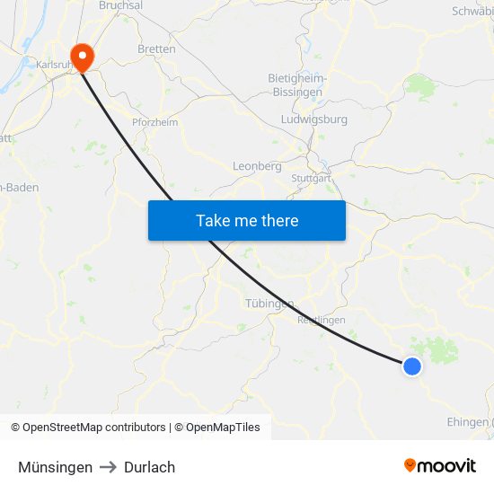 Münsingen to Durlach map