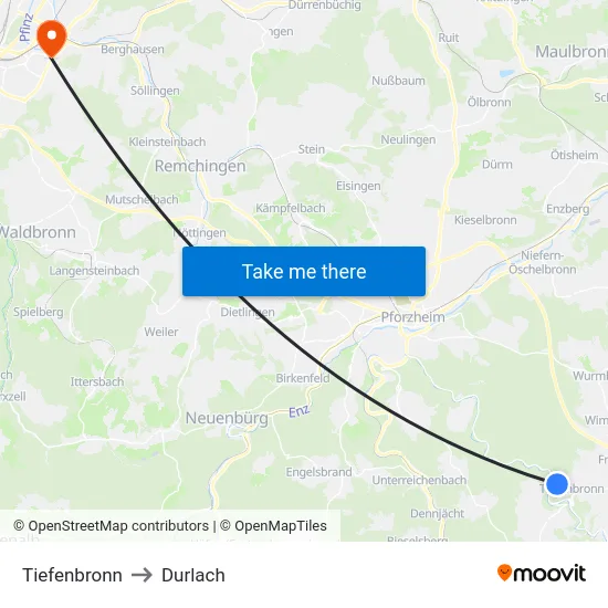 Tiefenbronn to Durlach map