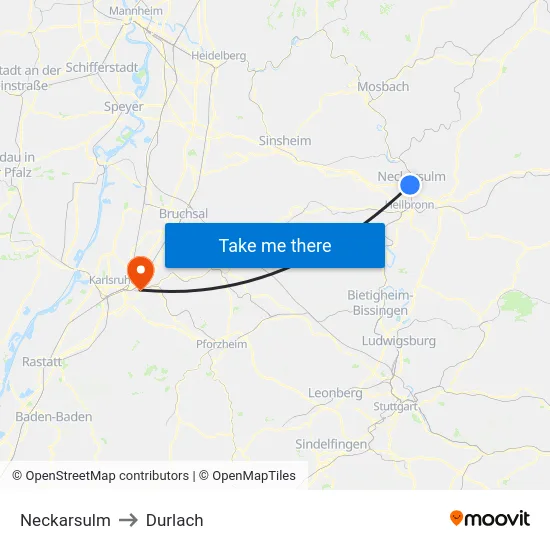 Neckarsulm to Durlach map