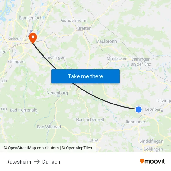 Rutesheim to Durlach map