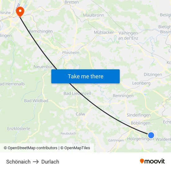 Schönaich to Durlach map