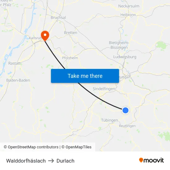 Walddorfhäslach to Durlach map
