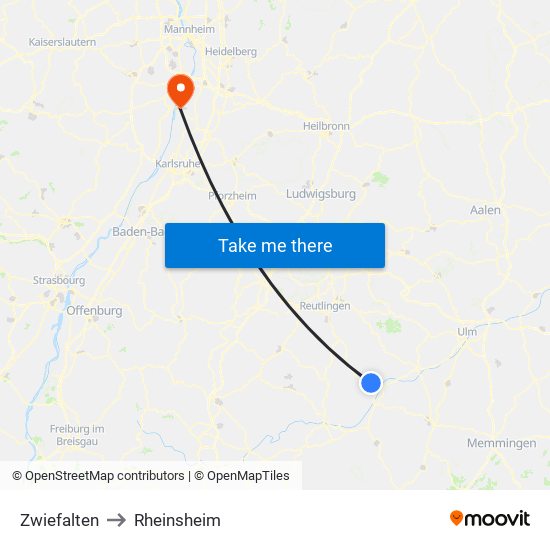 Zwiefalten to Rheinsheim map