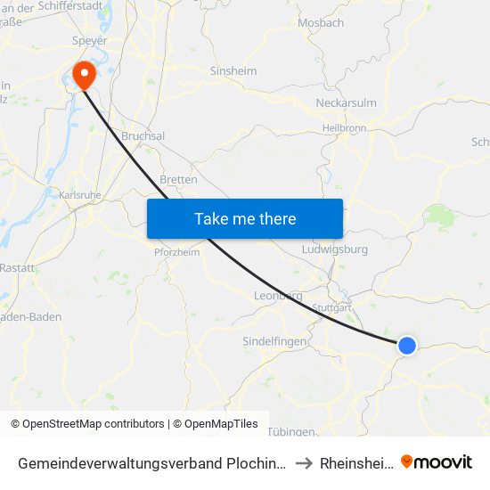 Gemeindeverwaltungsverband Plochingen to Rheinsheim map