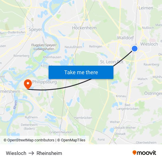 Wiesloch to Rheinsheim map