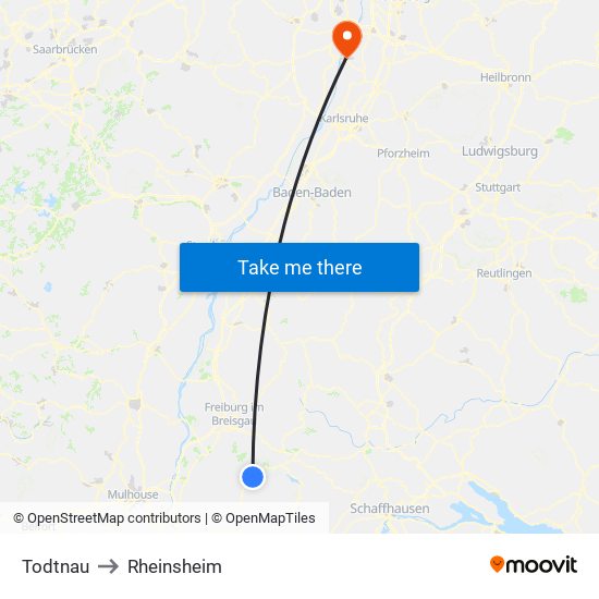 Todtnau to Rheinsheim map