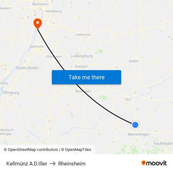 Kellmünz A.D.Iller to Rheinsheim map