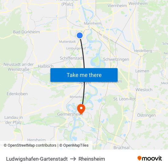 Ludwigshafen-Gartenstadt to Rheinsheim map