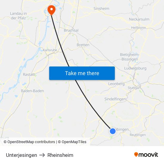 Unterjesingen to Rheinsheim map