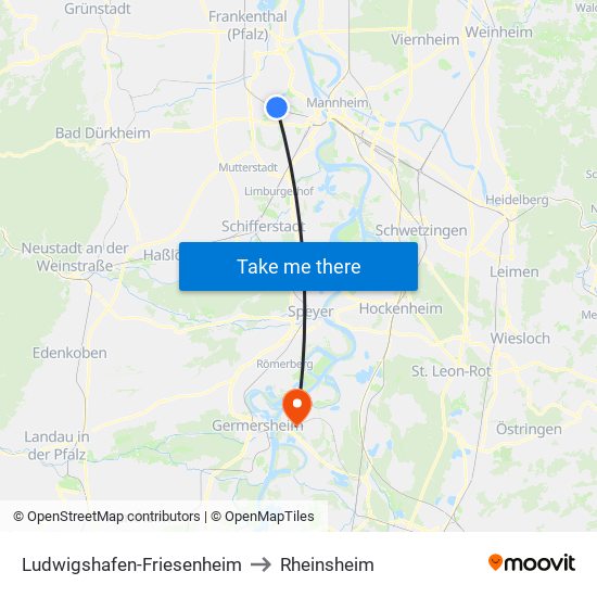Ludwigshafen-Friesenheim to Rheinsheim map