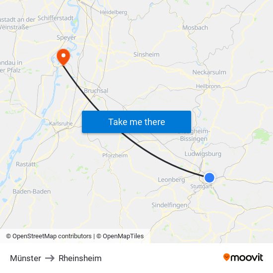 Münster to Rheinsheim map