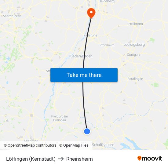 Löffingen (Kernstadt) to Rheinsheim map