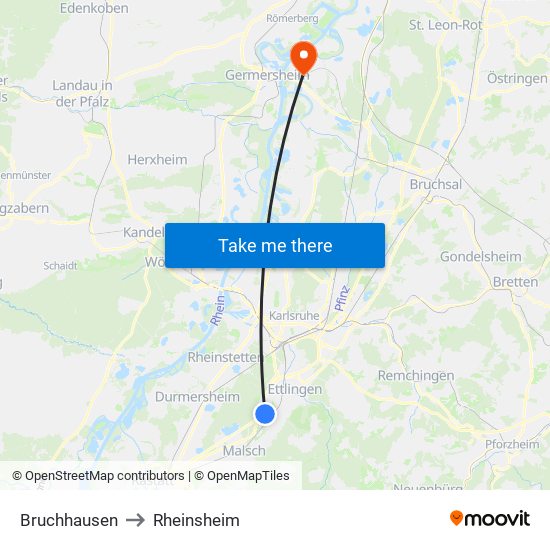 Bruchhausen to Rheinsheim map