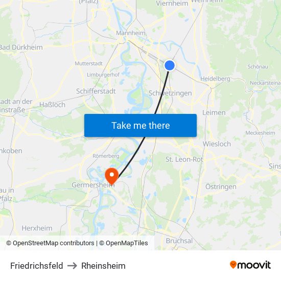 Friedrichsfeld to Rheinsheim map