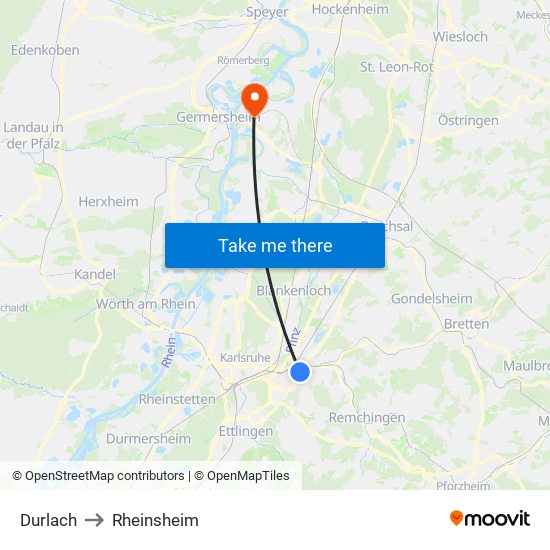 Durlach to Rheinsheim map