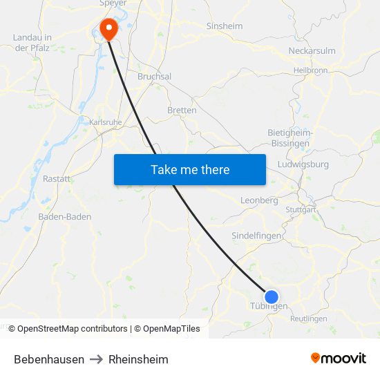 Bebenhausen to Rheinsheim map